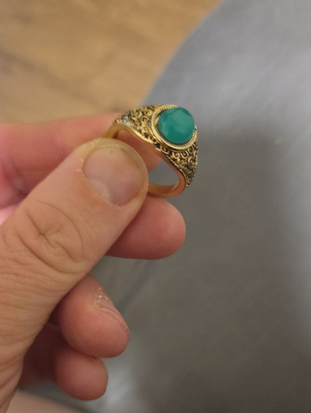 Antique Gold Filigree Ring with Teal Green Cabochon